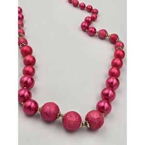 Vintage Hot Pink Fuchsia Beaded Necklace Long Single Strand Matte Textured Glass
